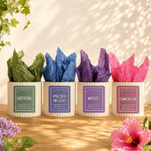 Summer Collection wax melt set with four handmade scented wax melts: Earthsong, Flaminglow, Mayday and Hyacinth Twilight.