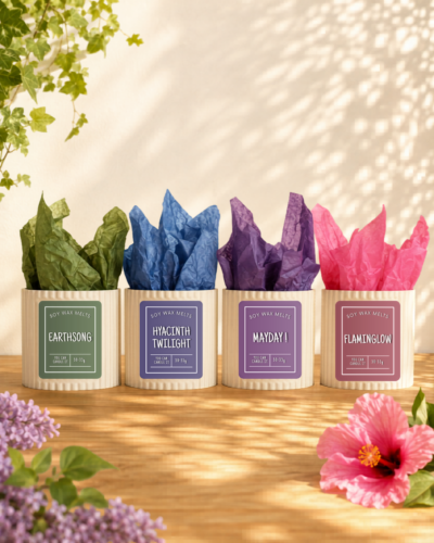Summer Collection wax melt set with four handmade scented wax melts: Earthsong, Flaminglow, Mayday and Hyacinth Twilight.