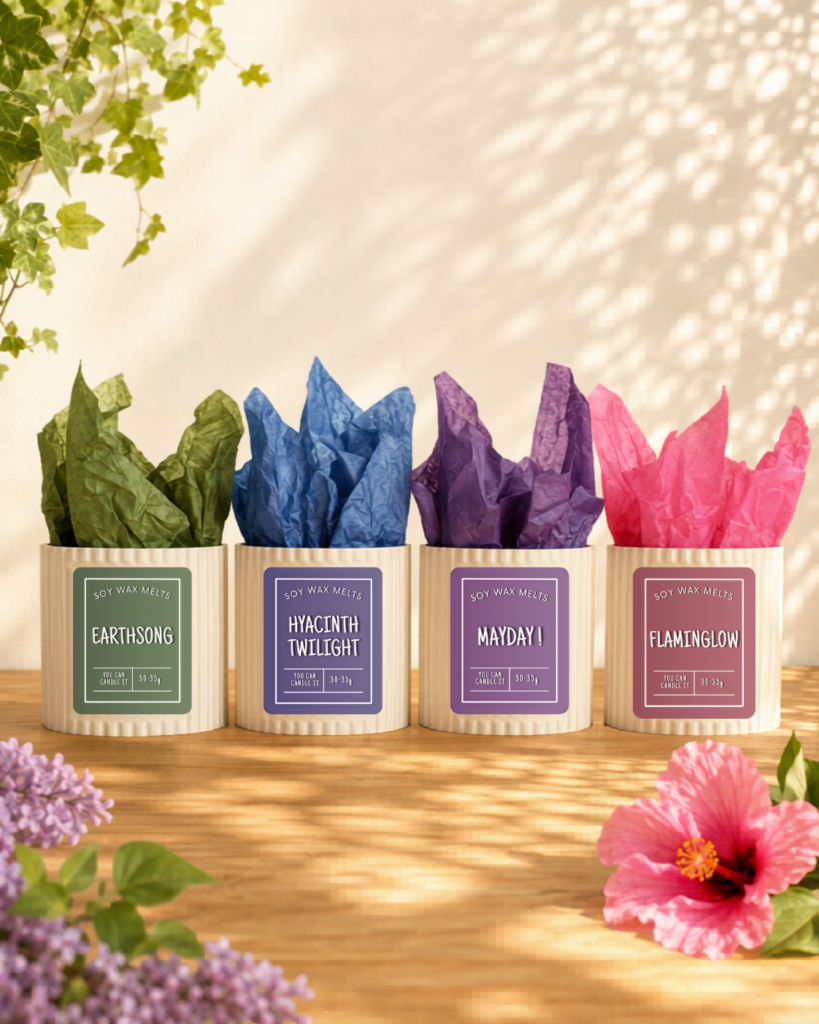 Summer Collection wax melt set with four handmade scented wax melts: Earthsong, Flaminglow, Mayday and Hyacinth Twilight.